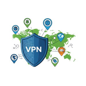 Image d'un bouclier VPN au-dessus d'une carte du monde avec des petits logos de planètes et messageries.